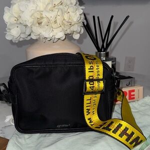 Off-White Black Crossbody Messenger Bag with Yellow Industrial Strap